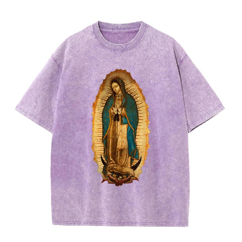 2026 Vintage Washed Black Our Lady Of Guadalupe Graphic T Shirt Retro Religious Portrait Oversized Casual Short Sleeve Tee