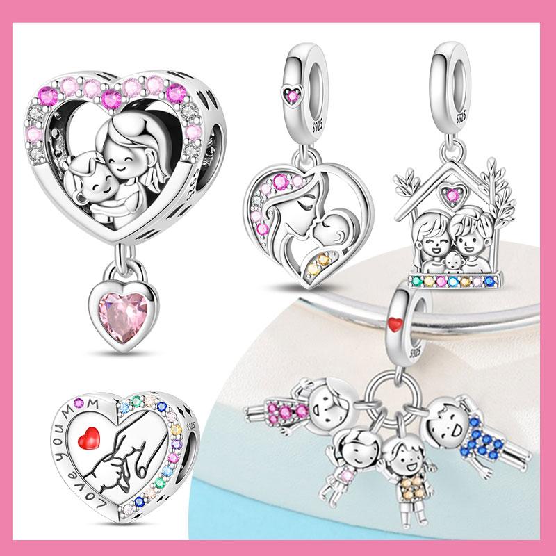 Copper Happy Fanmily Holding Hands Heart Charms Beads Fit Original Bracelet Necklace Fine Jewelry Women Diy Gifts