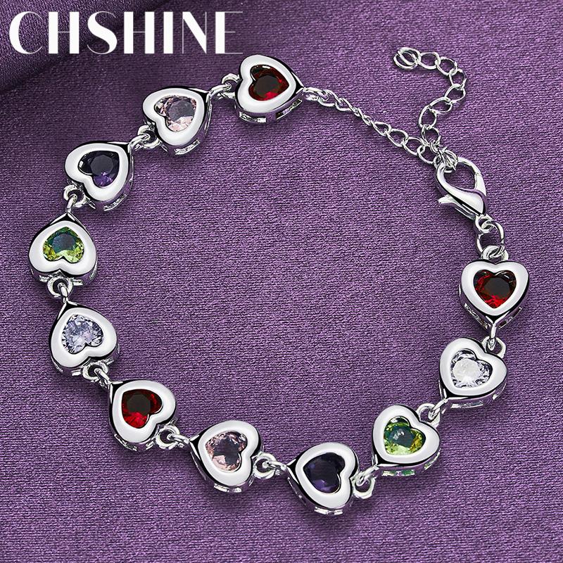 

CHSHINE Браслет-цепочка из стерлингового серебра 925 пробы с цветным кристаллом в форме сердца для женщин, свадебная модная бижутерия 20cm