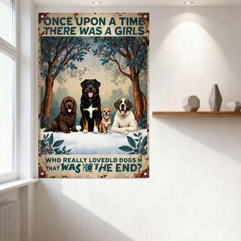 Once Upon a Time There Was a Girl Vintage Metal Tin Sign, Four Dogs in Snowy Forest Wall Decor, Rustic Retro Metal Poster for Ba