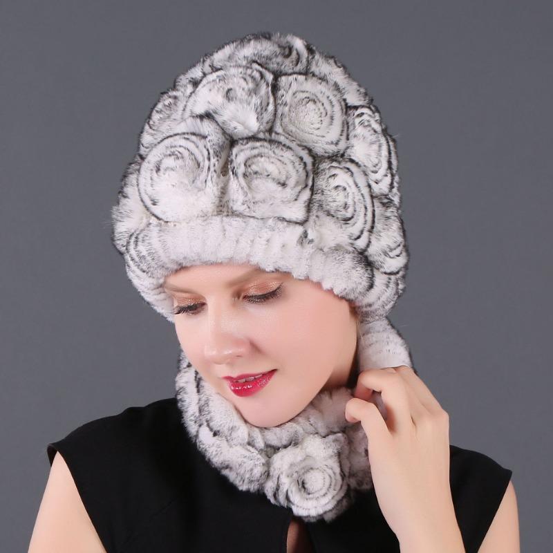 Rex Rabbit Rose Hat and Flower Scarf Set Specializing in the production of Rex Rabbit Scarf Hat Two-piece Adult Hat