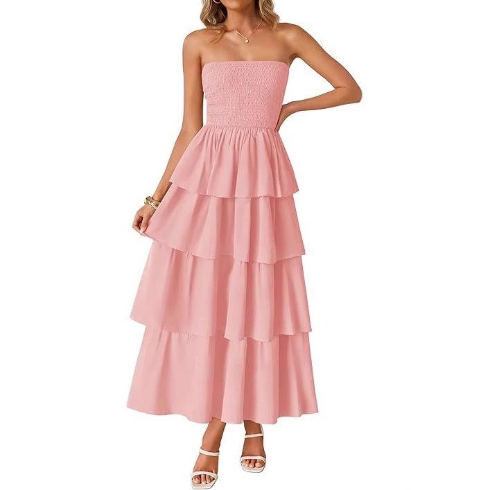 European and American women's clothing popular sleeveless off-the-shoulder pleated layered tube top long vest skirt