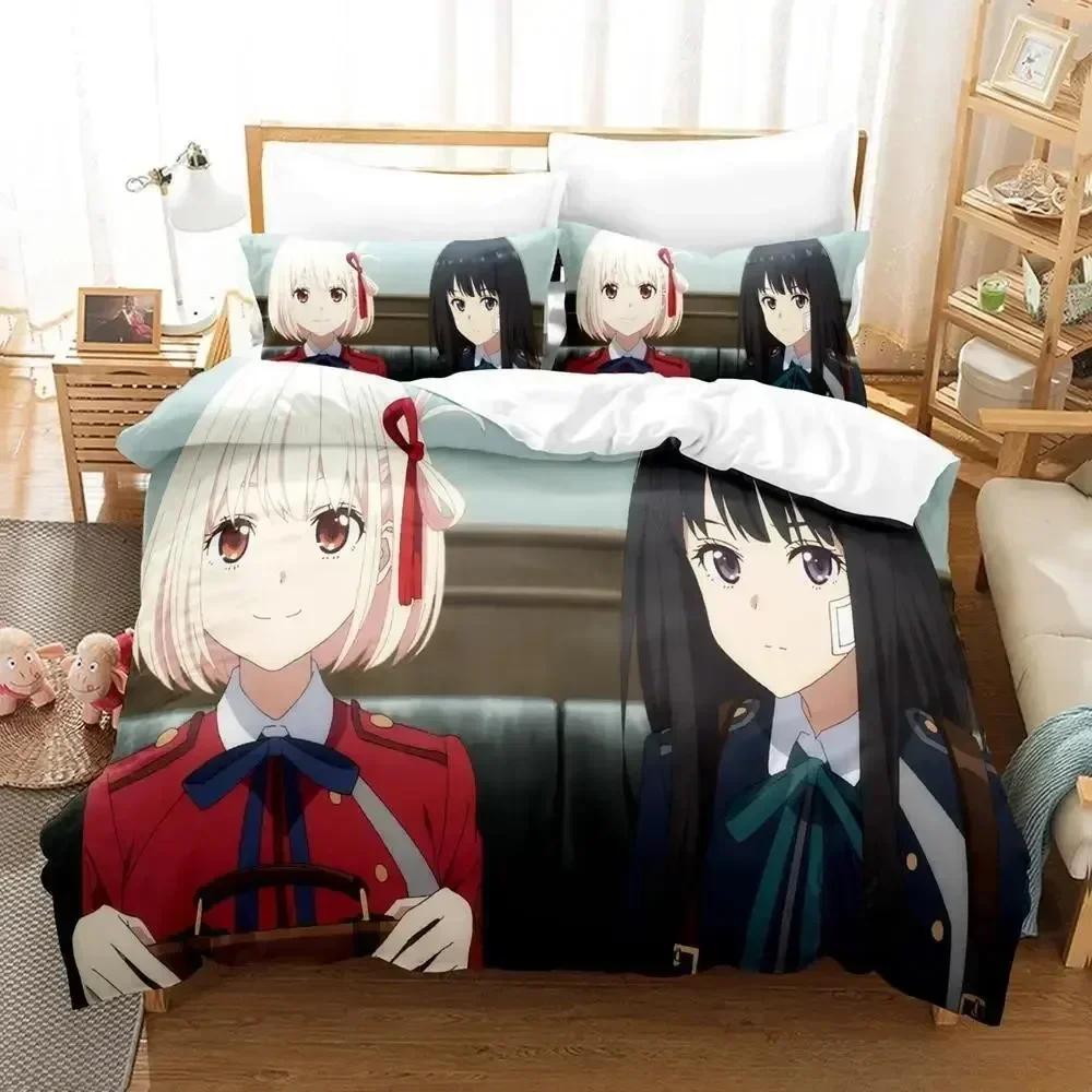 Lycoris Recoil Bettwäsche-Set, Einzel-, Zwillings-, Voll-, Queen- und King-Size-Bettset, Schlafzimmer für Erwachsene und Kinder, Bettbezug-Set, 3D-Anime-Bettlaken-Set