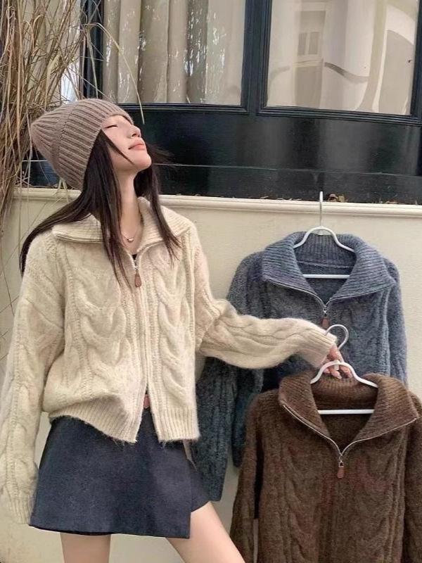 Jian Manni Retro Cable Knit High Neck Sweater Coat - Women's Double Zipper Long Sleeve Cardigan for Autumn/Winter