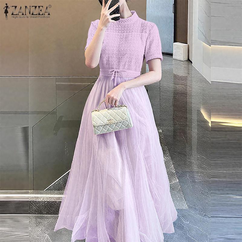 ZANZEA Women Turtleneck Casual Mesh Splice Summer Short Sleeve Dress
