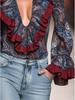 Romantic Boho Deep V-neck Paisley Ruffled Chiffon Shirt