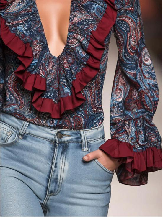 Romantic Boho Deep V-neck Paisley Ruffled Chiffon Shirt