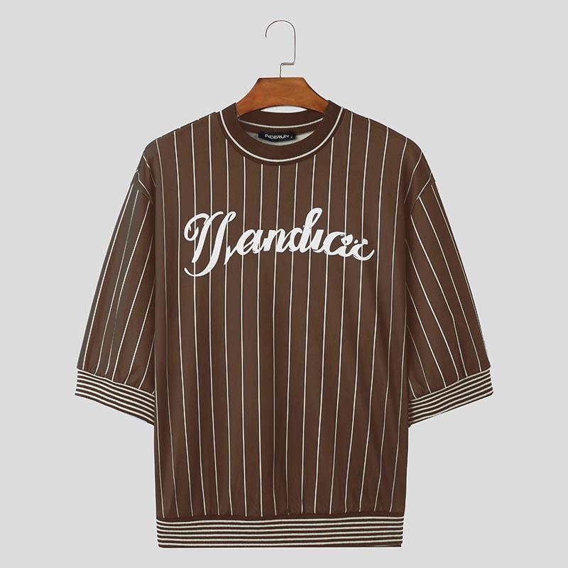 INCERUN Men Round Neck 3/4 Sleeve Striped Print Stitching Summer T-shirts Tops