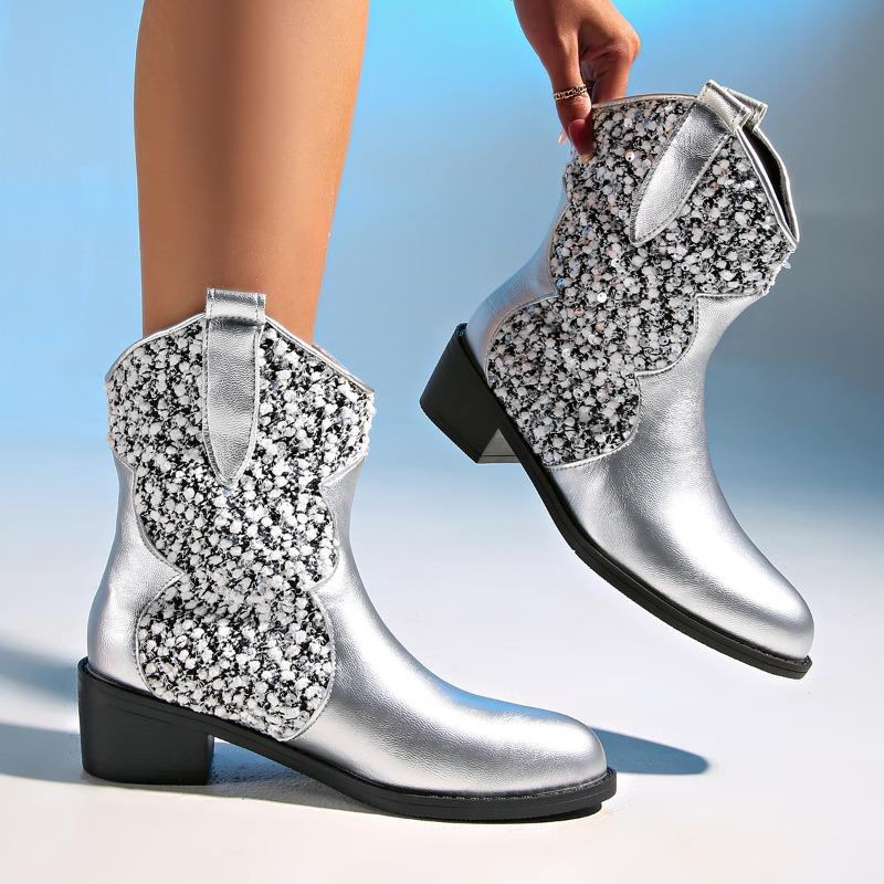 Women's Wide Width Glitter Leather Boots, Slip-On Comfort Martin Boots, Sparkly Casual Ankle Booties for Women