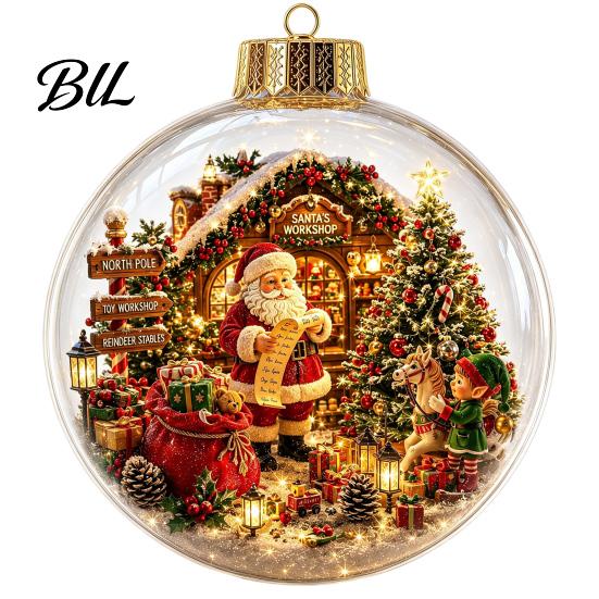 Winter Holiday Hanging Pendants Christmas Tree Crystal Ball Pendant with LED Light, Built-in Christmas-themed Ornaments Pattern Design, Acrylic