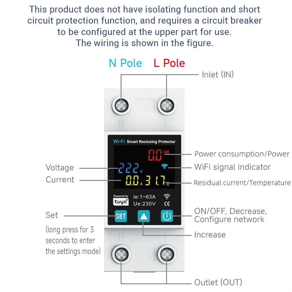 Tuya Smart WIFI 2P 1-63A Adjustable Circuit Breaker Earth Leakage Over Under Voltage Protector Relay Switch Energy kWh Meter