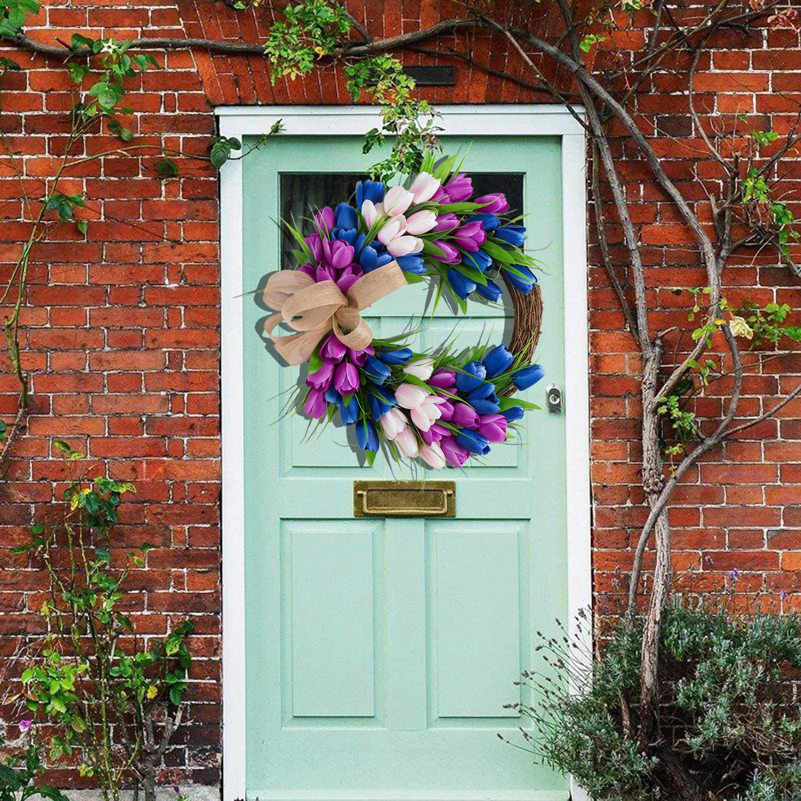 

18in Artificial Wreath Leaves Bow Tie Hanging Wall Front Door Garland Wedding Restaurant Decor Photo