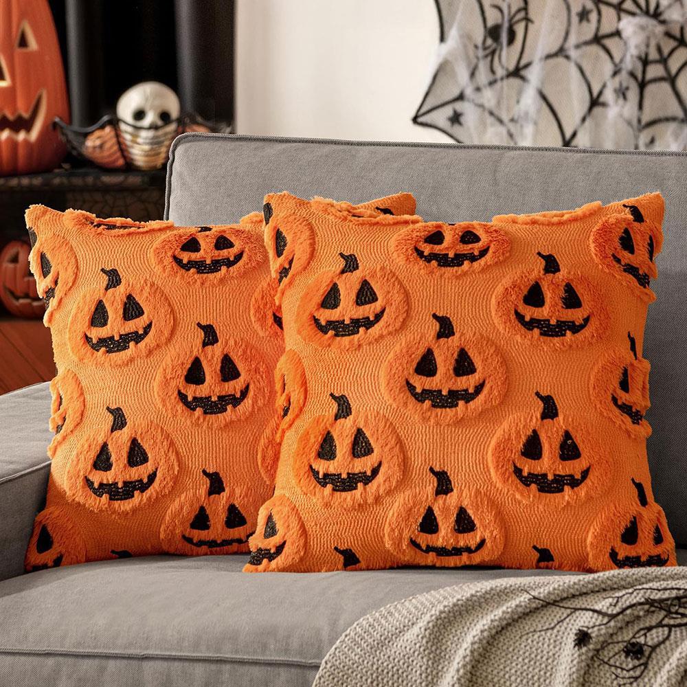 Pumpkin Ghost Pillow Cover Halloween Fun Plush Pillowcase Washable Square Orange Pumpkin Lantern Pillow Protective Covers