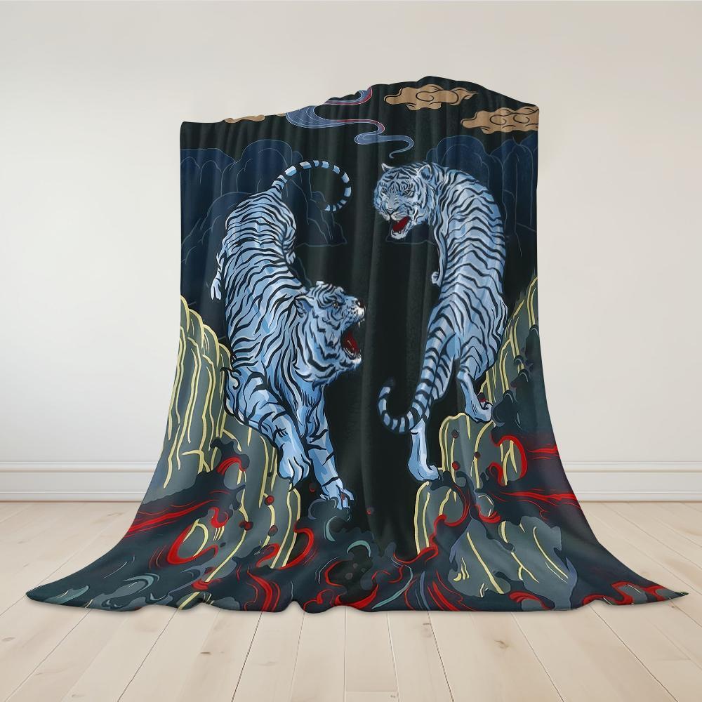 Dual Blue Tigers Flannel Blanket Warm Soft Halloween Christmas Couch Warm Cozy Decorative Decor Gift for All Season