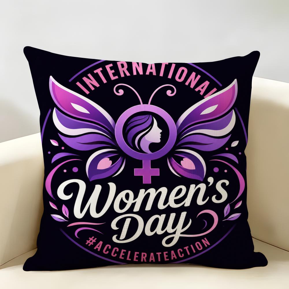 International Women's Day Cushion Cover Durable Hypoallergenic Organic Linen Pillow Cover Short Size Washable Skin-Friendly