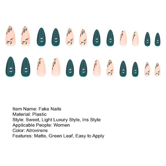 Yousheng 1 Set Fake Nails Matte Green Leaf Easy To Apply Remove Minimalistic Sweet Anti-break Fake Nails Women Supply