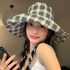 2024 Fashionable Black Gray Plaid Sun Hat With Wide Brim For Effective Uv Shielding