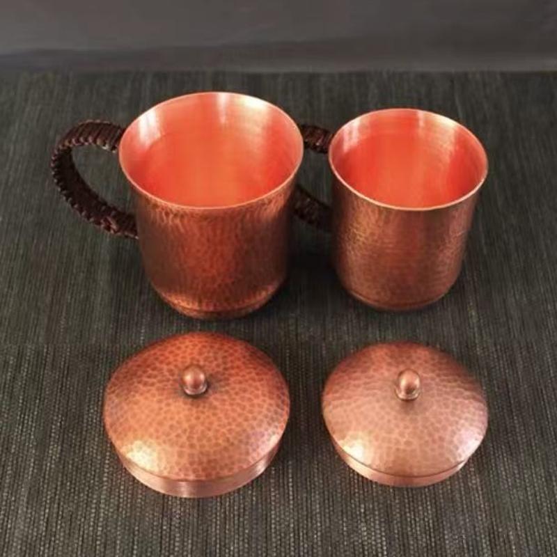 Vintage Pure Copper Coffee Cup,With Lid Mug Moscow Mule Tumbler Thickened Hammer Texture Woven Handle 500 Ml Beer Mug,Tableware