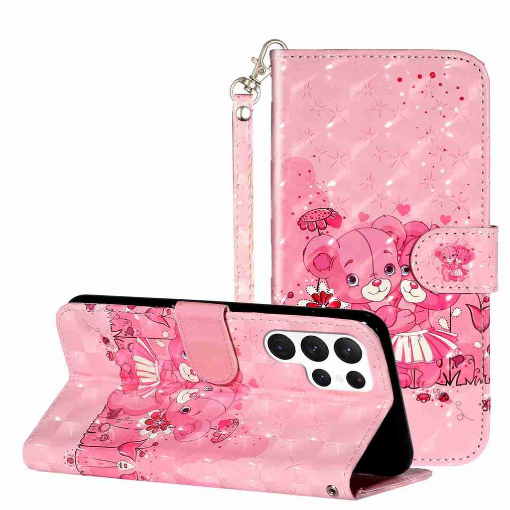 Rosa Bärenpaar 3D-Muster Stoßfest Kartenfächer PU Leder Brieftasche Hülle für iPhone,Samsung,Huawei,Xiaomi,Moto,Tecno,Google,Nokia,Oppo,ZTE,Blackview..