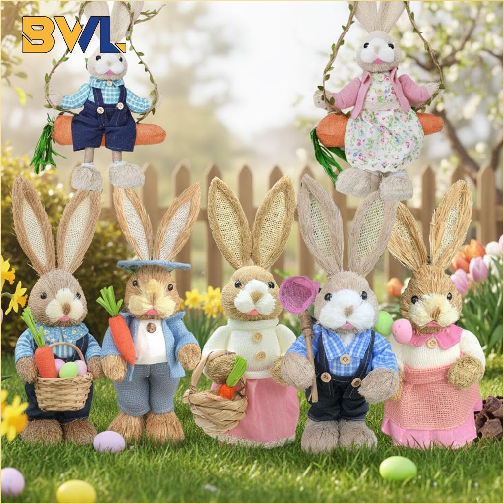 Easter Bunny on Swing Handmade Woven Grass Rabbit Creative Figurine Home Decor Hanging Ornament Forest Theme Gift Souvenir
