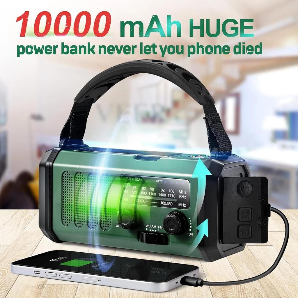 10000mAh Emergency Radio Solar Crank AM FM Weather Alert USB C Charger Flashlight SOS Alarm Compass Outdoor Survival Gear
