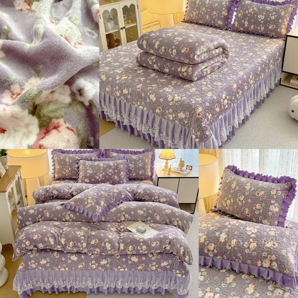 Thickened Quilted Velvet Bedspread Set with Lace Pillowcase and Static-Free Warm Temperature Control