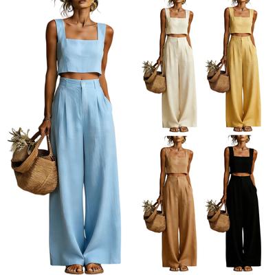 Women's Casual Square Neck Wide Leg Pants Set, Loose Sleeveless Vest Two-piece Set