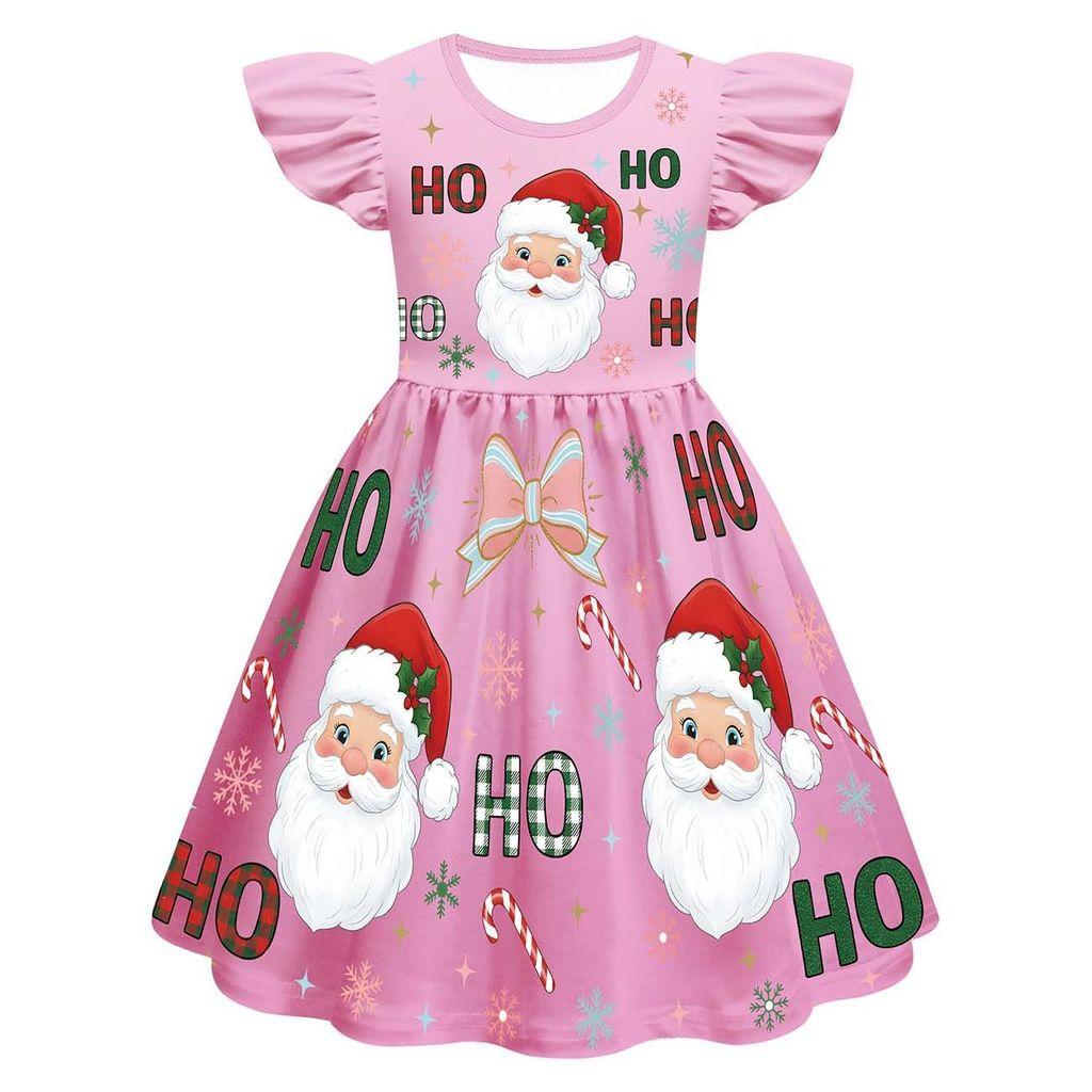 

Детское платье для девочек с мультяшным принтом Санта-Клауса, рождественской елки и лося, с оборками на рукавах, на Новый год 160cm