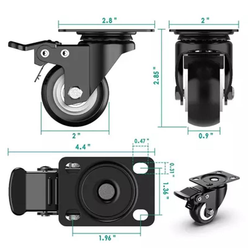 4 szt. Ciche podwójne kółka obrotowe z podwójnymi łożyskami kulkowymi, czarne, obrotowe z hamulcem, kółka do wózka 1,5" - 2"