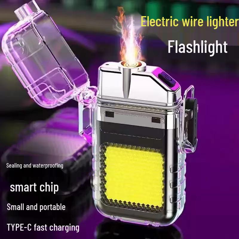 Popular Transparent Shell Rechargeable Arc Lighter Keychain with Flashlight