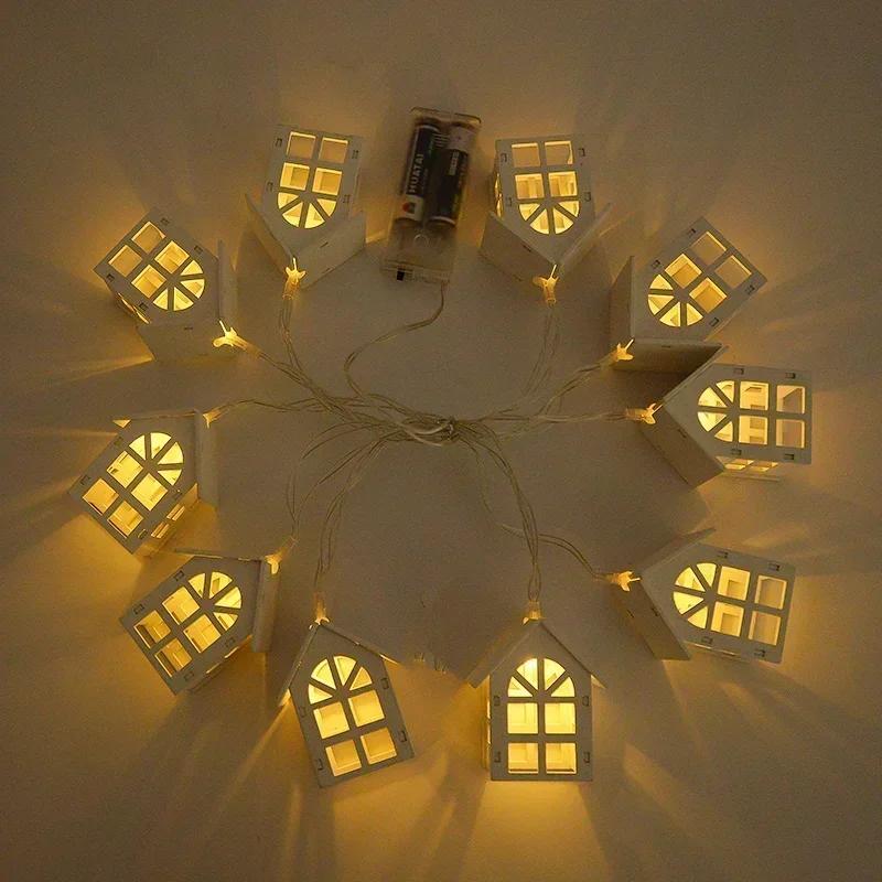 10LED 2M Christmas Wooden House LED Fairy Light String Home Hanging Garland Xmas Tree Ornaments Decoration Lamp 2025 New Year