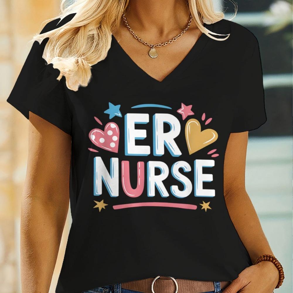 

International Nurses Day T-Shirts Rn Registered Nurse Print Graphic T Shirt Women Fashion Casual Short Sleeve V-neck Tee Shirt S
