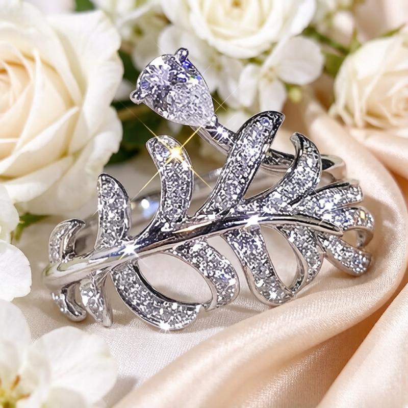 Huitan Newly Designed Leaf Shaped Women Rings Luxury Waterdrop Cubic Zirconia Temperament Lady Accessories Wedding Party Zircon
