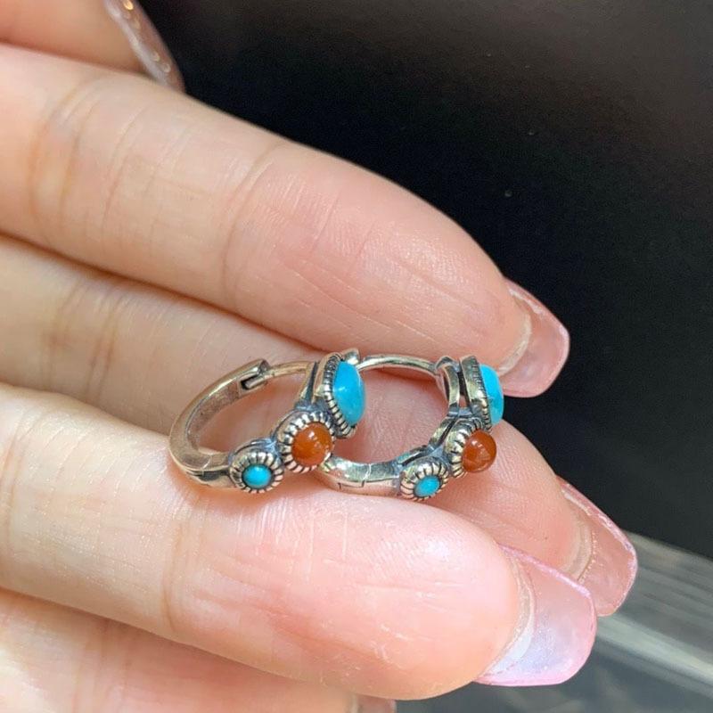 Imitation Natural Turquoise Square Ear Buckles, Retro Imitation Silver Original Design Couple Ear Jewelry