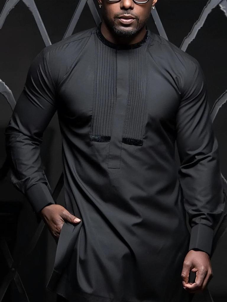 African Men's Black Pleated Two-Piece Set – Trendy, Casual, and Versatile Clothing.