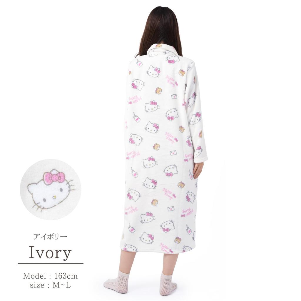 Hello Kitty Nightgown Flannel Loungewear Pink Ribbon Hello Kitty [Sazac] One-piece Women's Button-down (Ivory/ML/SAN1747)