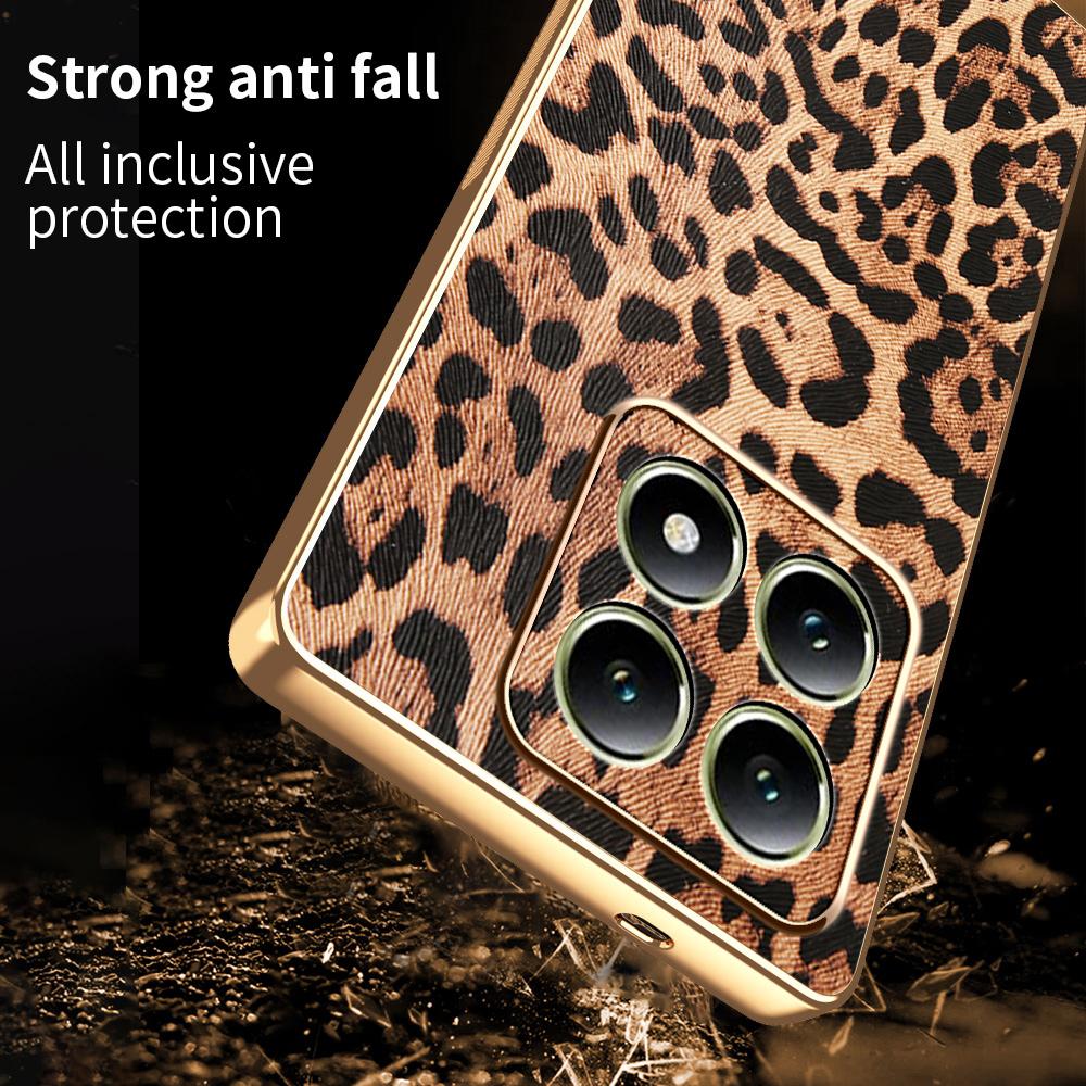 For Xiaomi 14T Case Leopard Print PU Leather Coated PC+TPU Electroplating Phone Cover