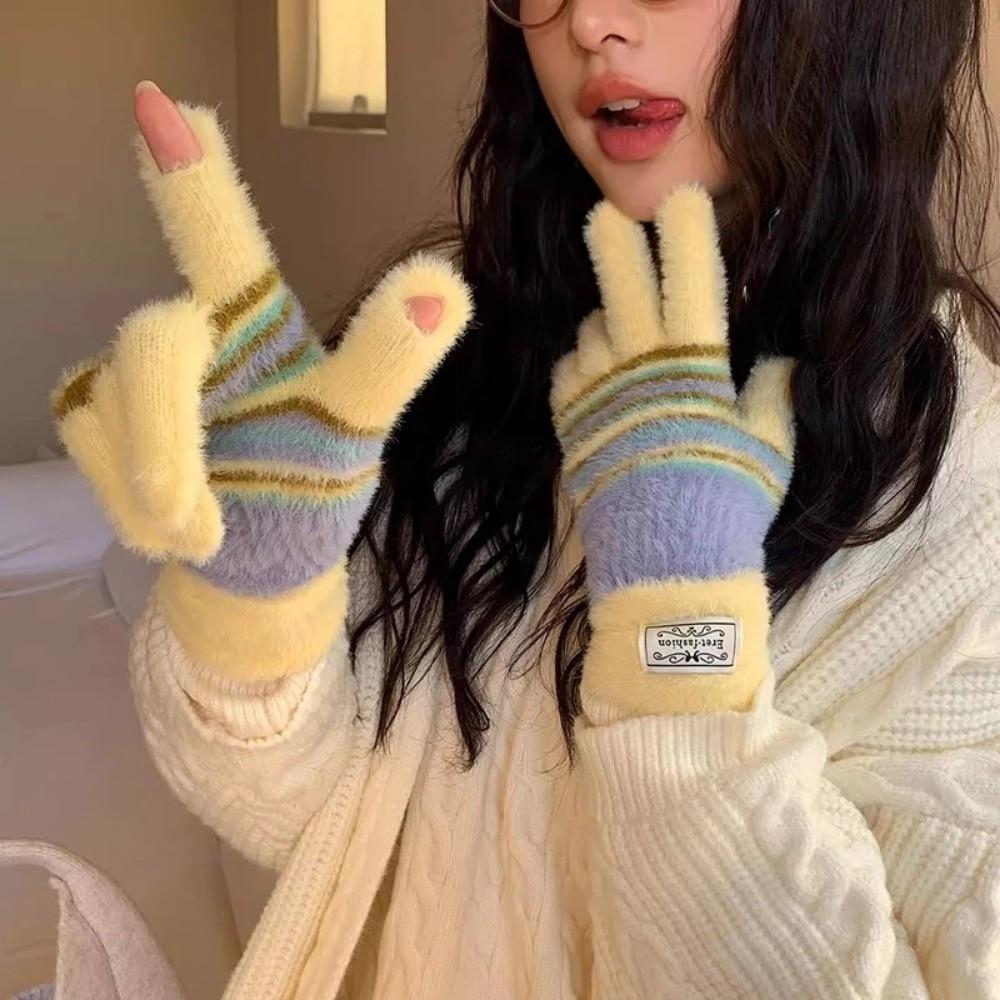 Warm Girl Knitted Gloves Plush Touch Screen Gloves Korean Five-fingered Gloves