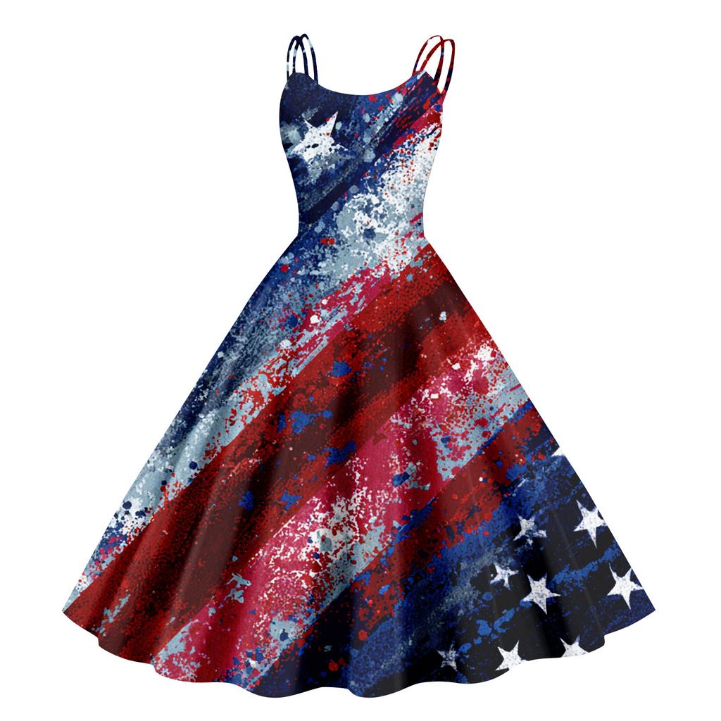 Women’s Sleeveless Spaghetti Strap A Line Dress with Abstract Star Stripe Print Vintage Inspired Design
