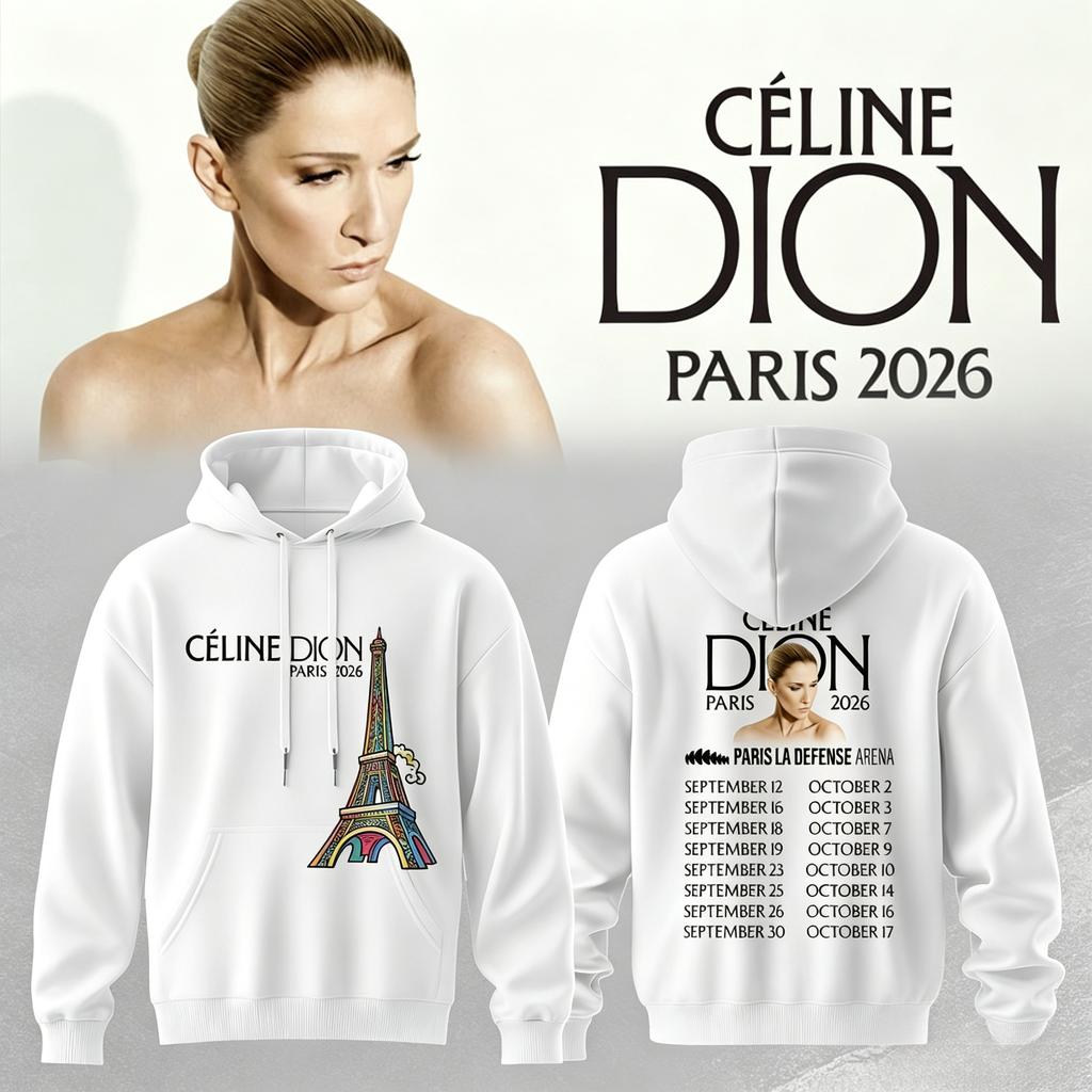 Celine Dion Paris 2026 Tour Huvtröja Unisex Pullover med Huva Vintage Konsertgrafik Streetwear Fläkt Toppar