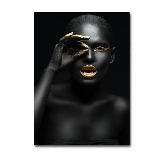 Modern Home Furnishing Black Skin Women Gold Makeup Shape Oil Painting Wall Art Poster Print Bedroom Living Room