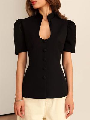 Women's Breasted Stand Up Collar Short Sleeved Suit Top Women's Fashionable Versatile Jacket and Shirt 2026 New Model