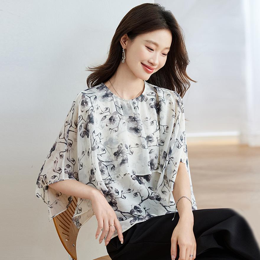 Summer New Round Neck Printed Silk Short-sleeved T-shirt Women's Mulberry Silk Design Loose Top Thin