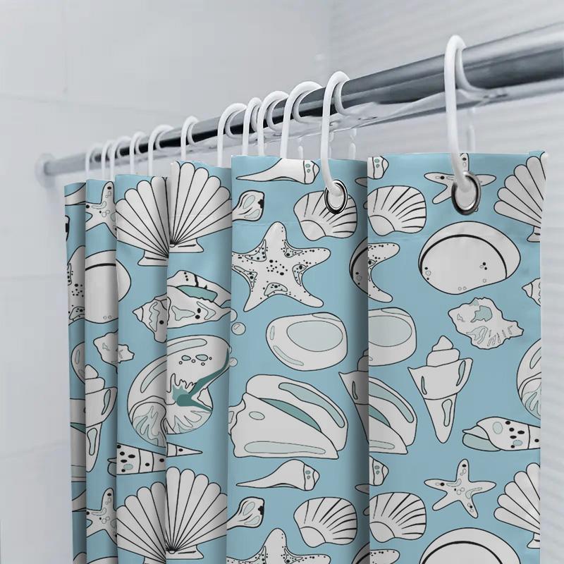 Blue Sea Shell Print Shower Curtain Set: Waterproof Fabric Decorative Home Bath Room Accessory For Bathroom Light Blue