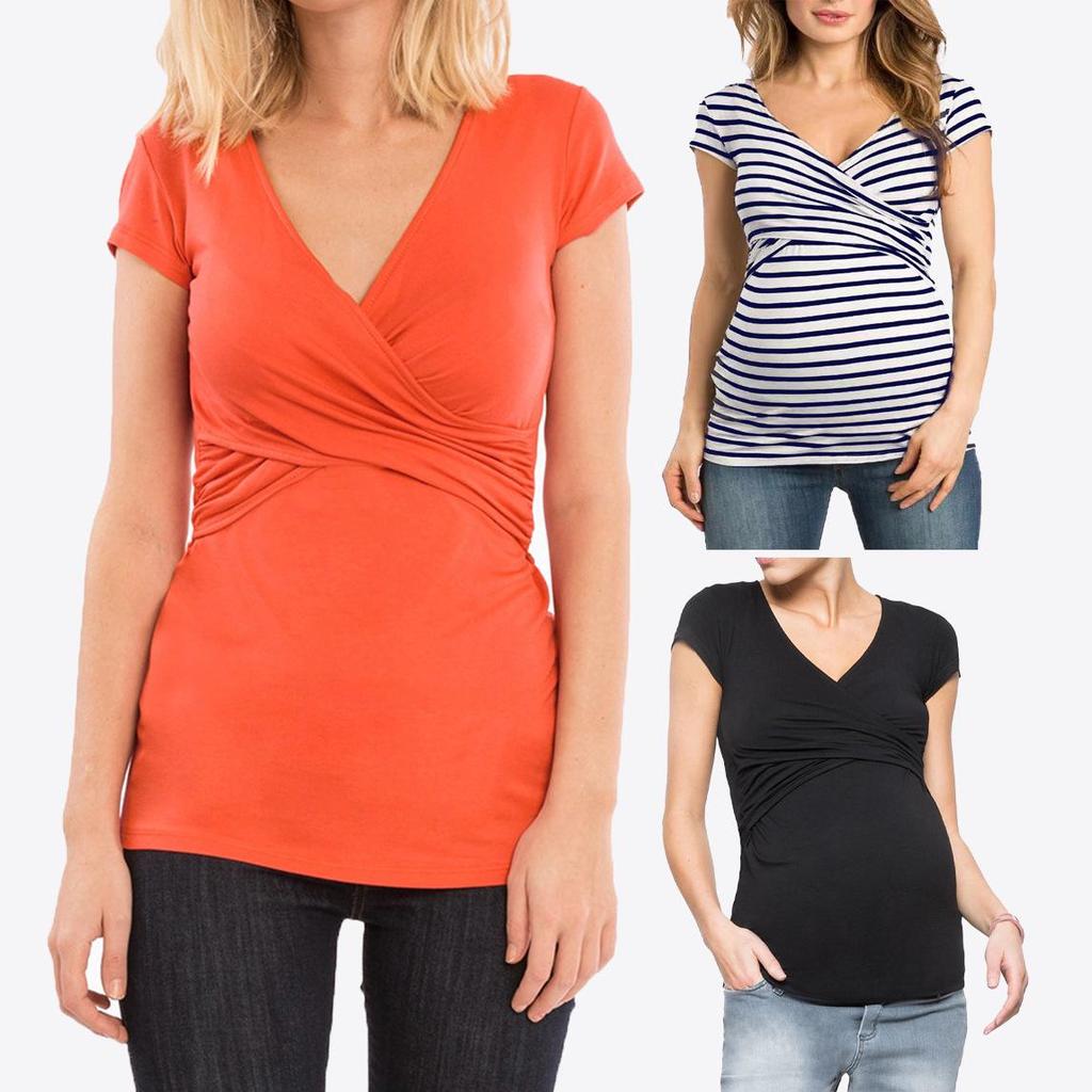 European & American V-Neck Maternity Dress - Sexy Short-Sleeve Nursing Top