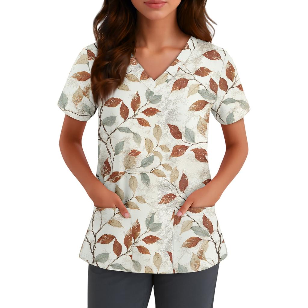 Niedlich bedruckte Arbeitskleidung für Damen, V-Ausschnitt, doppellagige Taschen, Basic-Kurzarm-Oberteil, Pullover