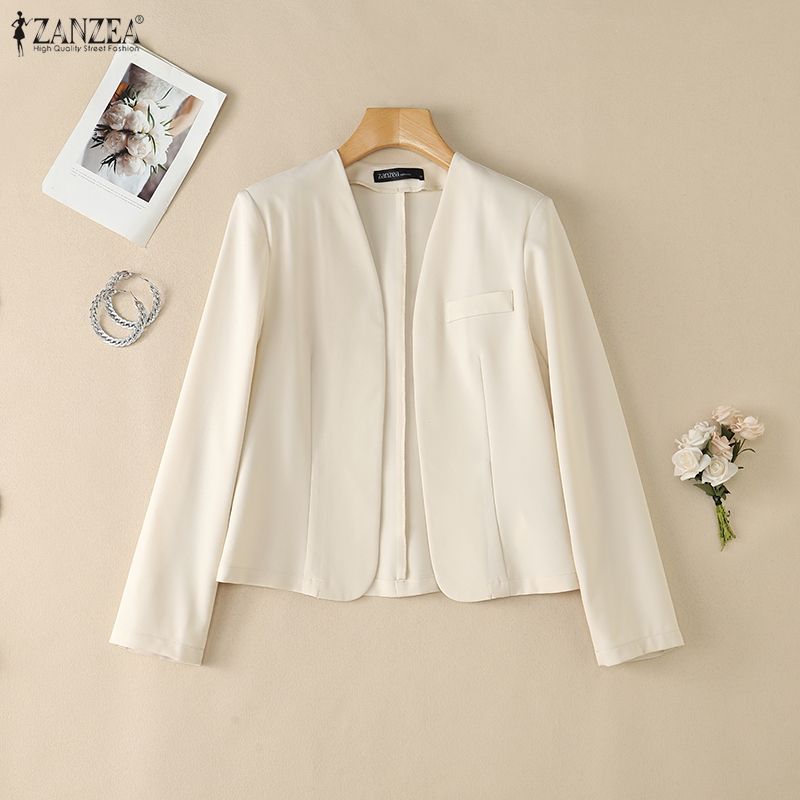 ZANZEA Women Elegant Cropped Blazer Long Sleeve Open Front Thin Short Jacket Office Lady Suit Coat