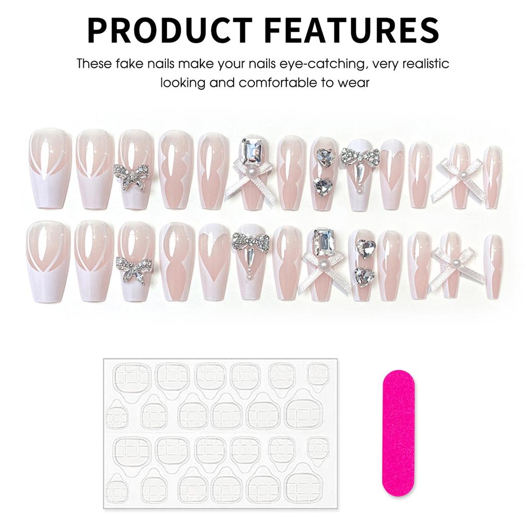 24Pcs Mid Length Coffin Press On Nails White Ribbon Bow Rhinestone French Fake Nails Gentle False Nail Tips