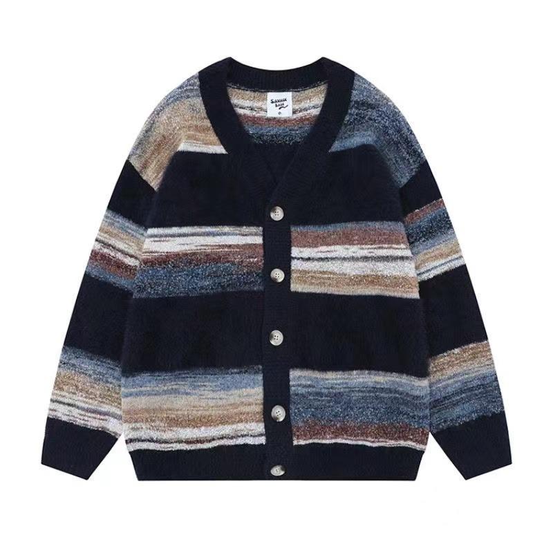 

Осень Новинка Японский Ретро Ленивый Стиль Полосатая Куртка Вязаный Кардиган Мужской 3XL чёрный