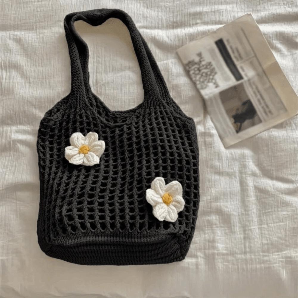 

Flower Knitted Tote Bag Large Capacity Hollow Shoulder Bag Retro Crochet Handbag Beach